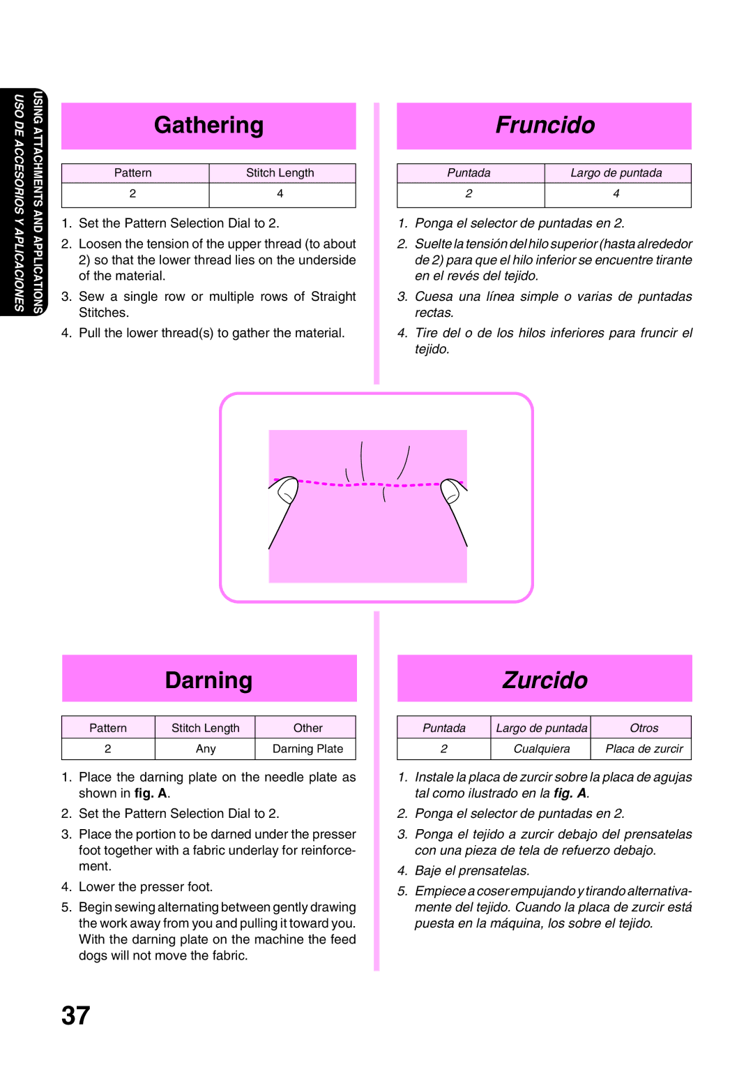 Brother XL 3010, XL3022 operation manual Gathering, Darning, Fruncido, Zurcido 