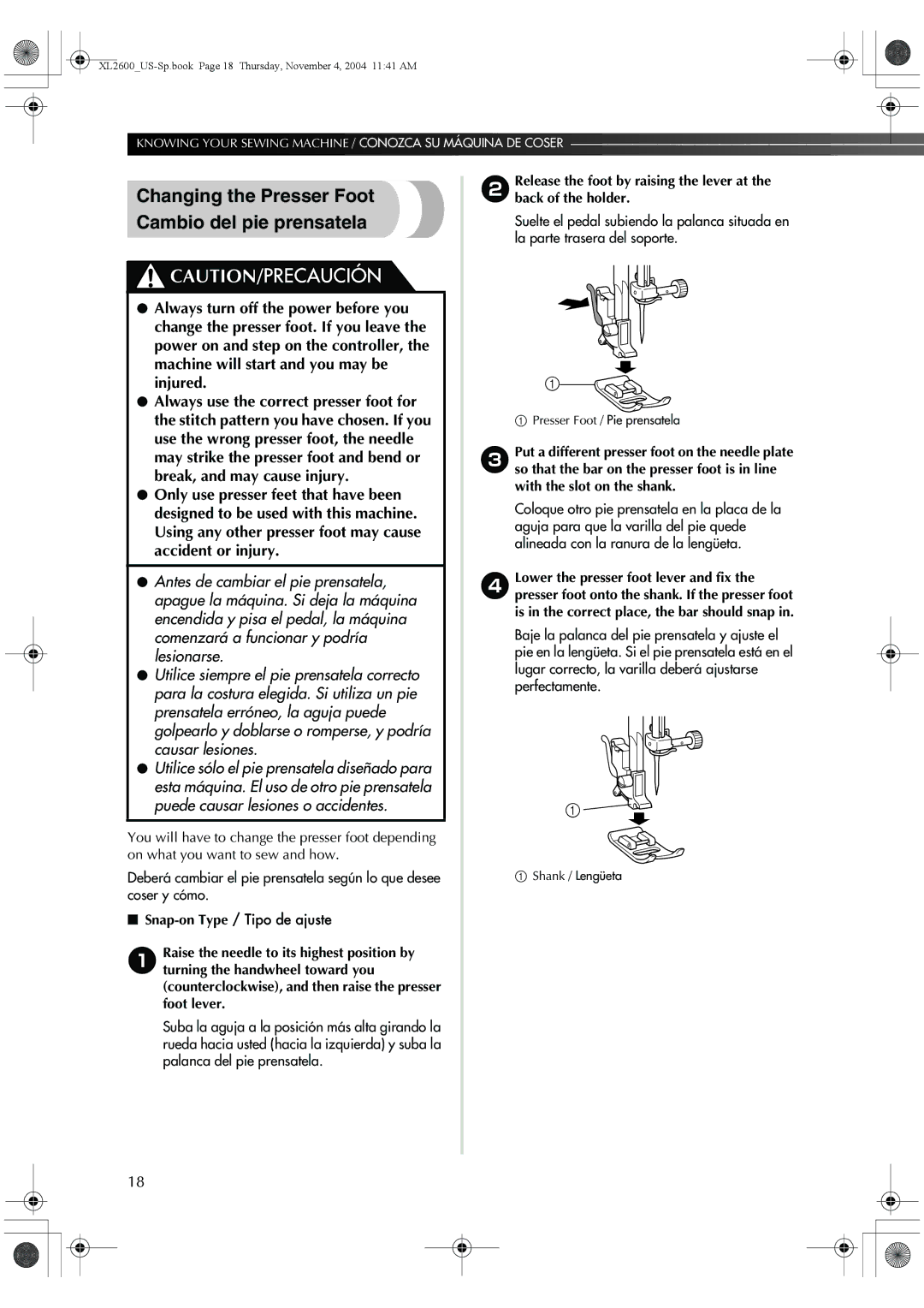 Brother XL-3500 Changing the Presser Foot Cambio del pie prensatela, Presser Foot / Pie prensatela, Shank / Lengüeta 