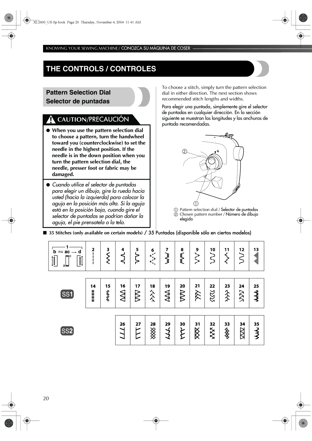 Brother XL-3500 operation manual Controls / Controles, Pattern Selection Dial Selector de puntadas 