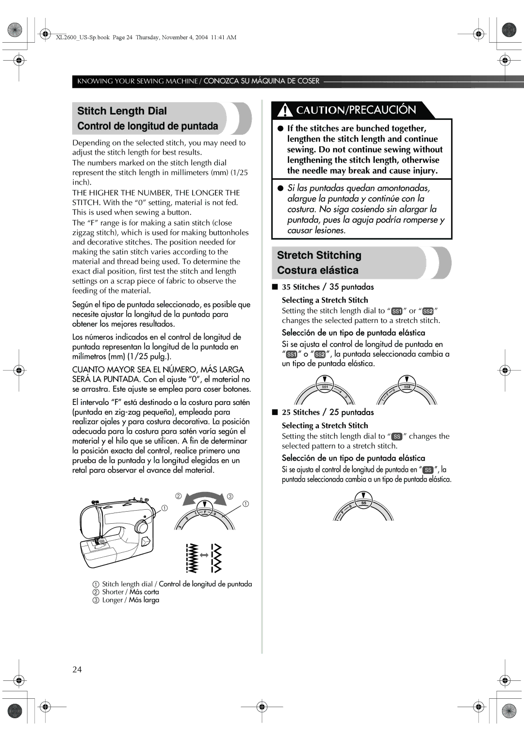 Brother XL-3500 operation manual Stitch Length Dial Control de longitud de puntada, Stretch Stitching Costura elástica 