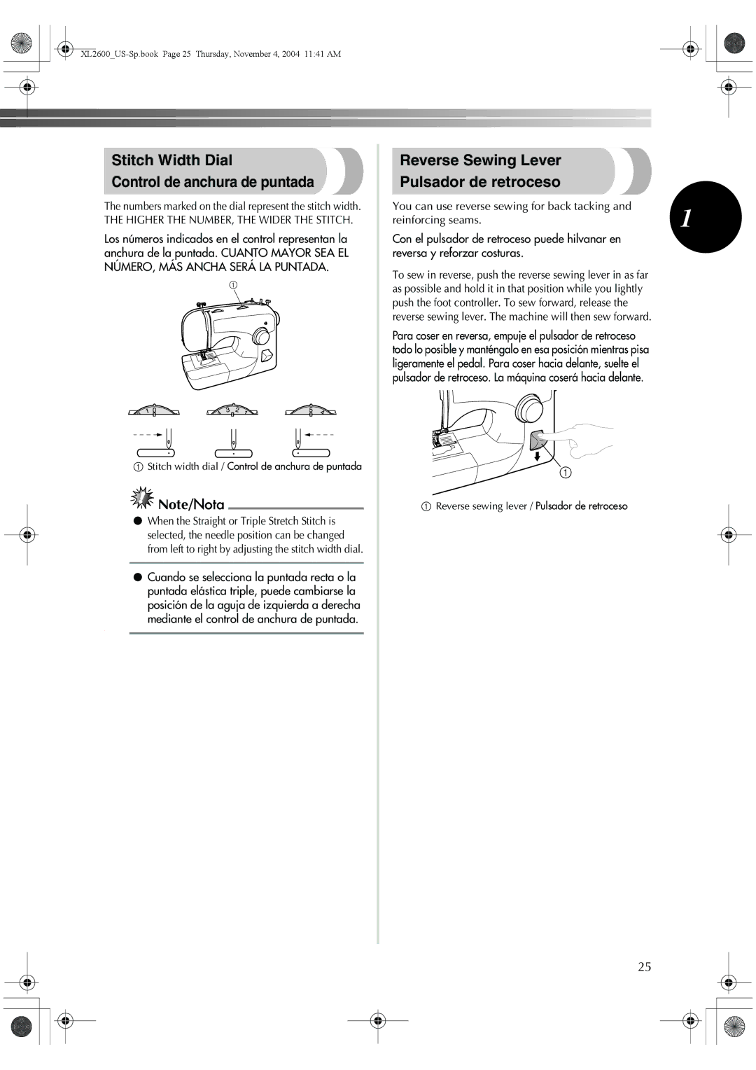 Brother XL-3500 Stitch Width Dial Control de anchura de puntada, Reverse Sewing Lever Pulsador de retroceso 