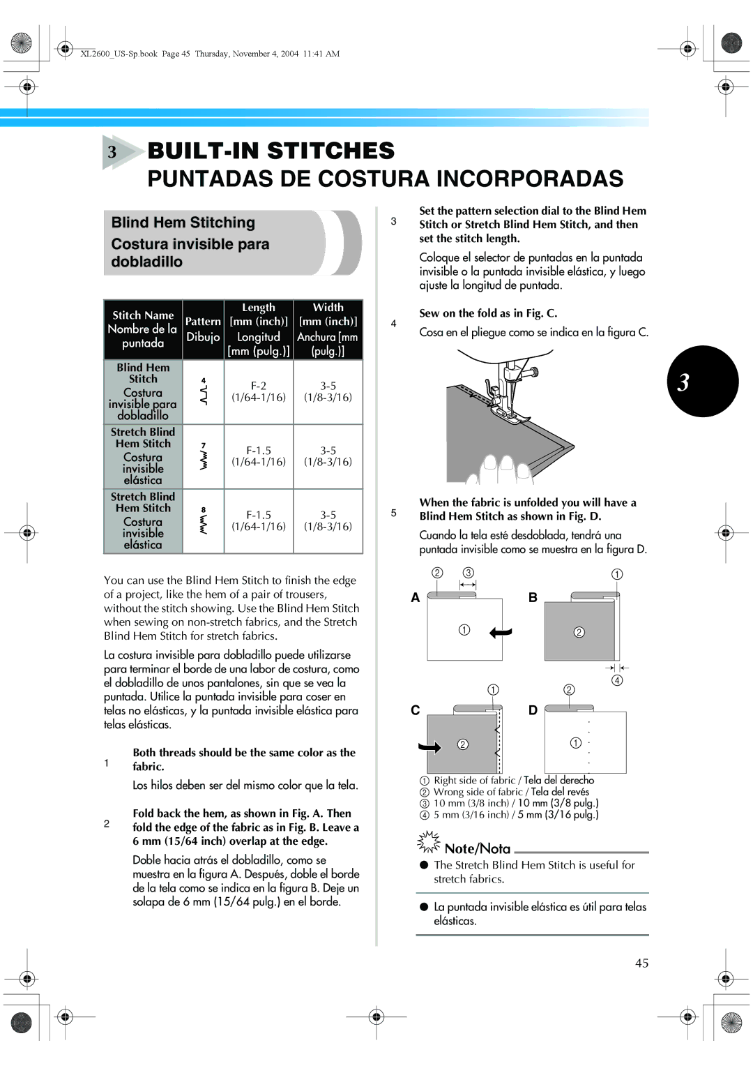 Brother XL-3500 operation manual Blind Hem Stitching Costura invisible para dobladillo, Sew on the fold as in Fig. C 