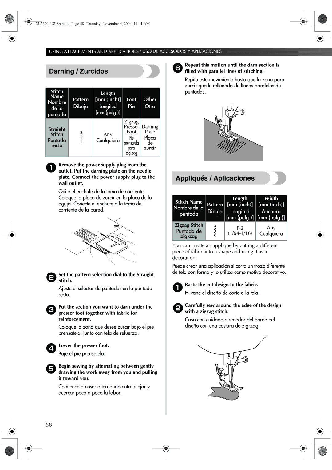 Brother XL-3500 operation manual Darning / Zurcidos, Appliqués / Aplicaciones, Stitch Length, De la, Any 