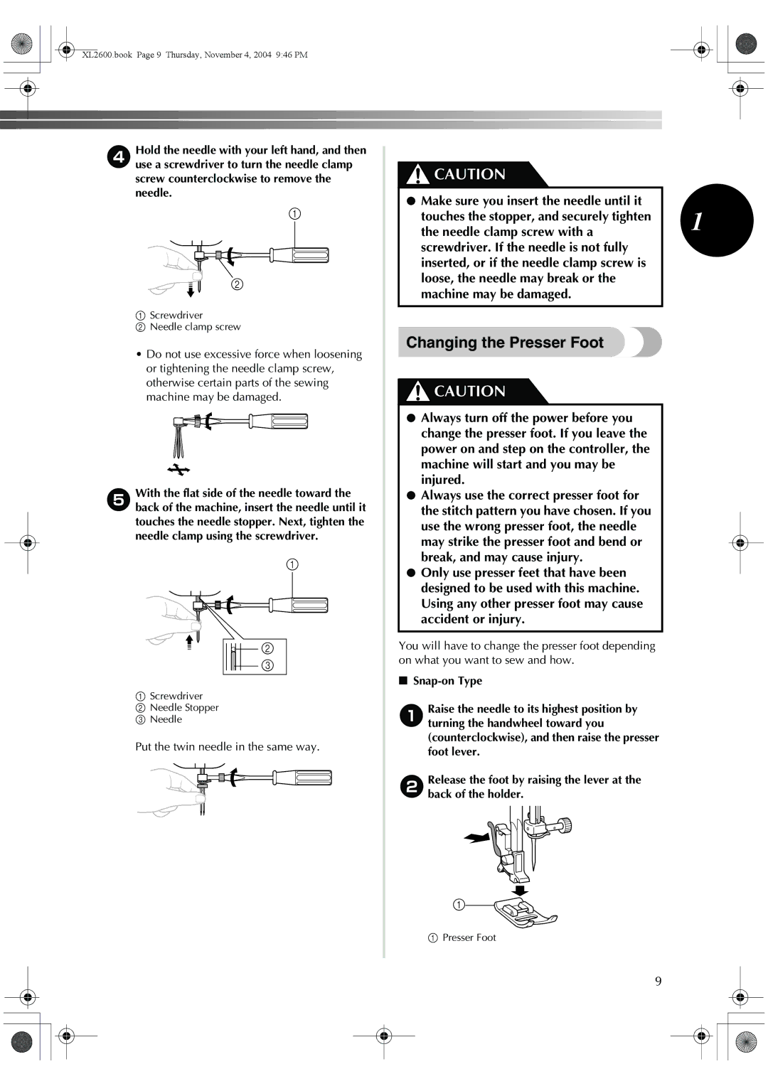 Brother XC6771-021, XL-3510, XL-2620 operation manual Changing the Presser Foot, Touches the stopper, and securely tighten 