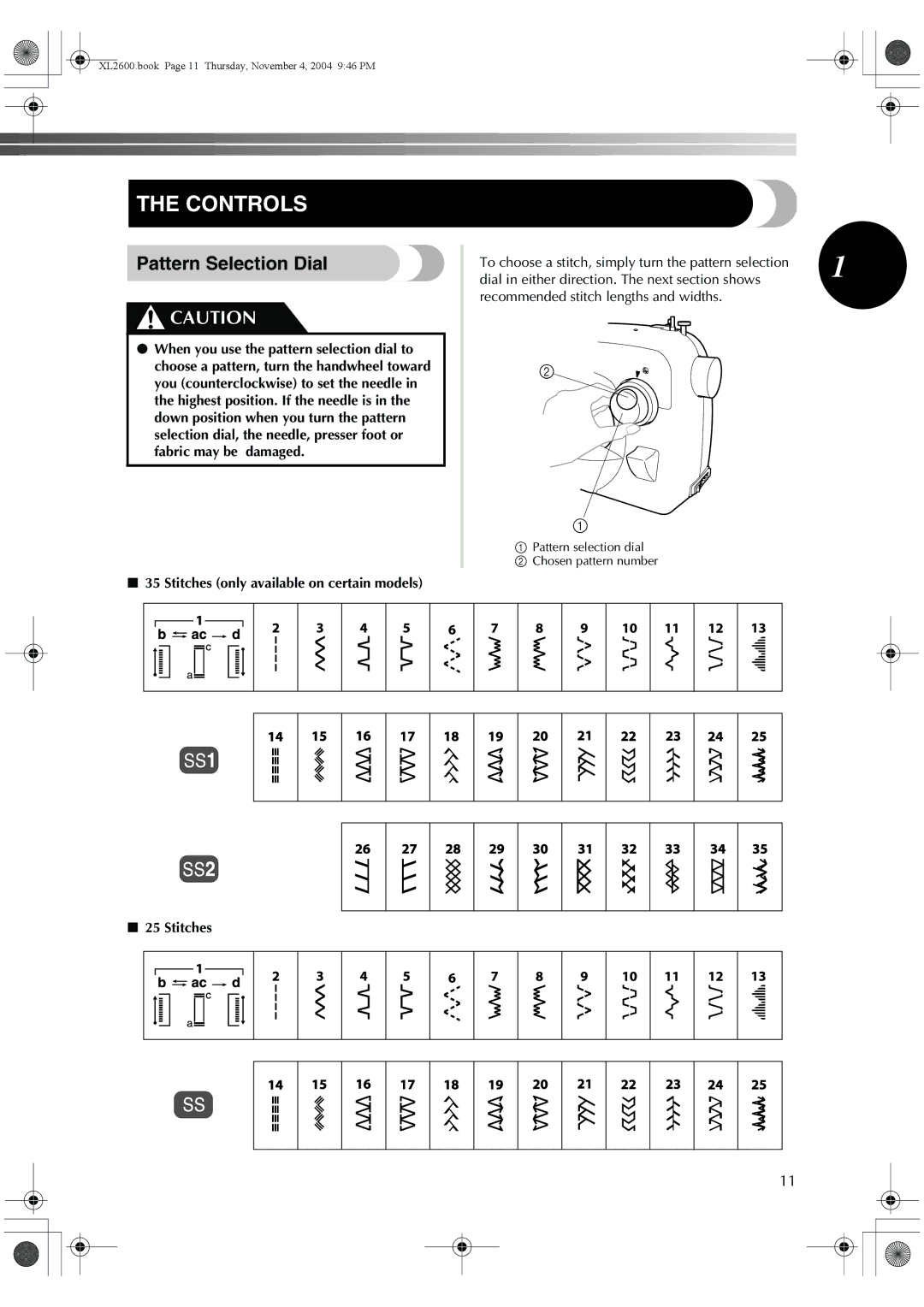 Brother XL-2620, XL-3510, XC6771-021 operation manual Controls, Pattern Selection Dial, Stitches 