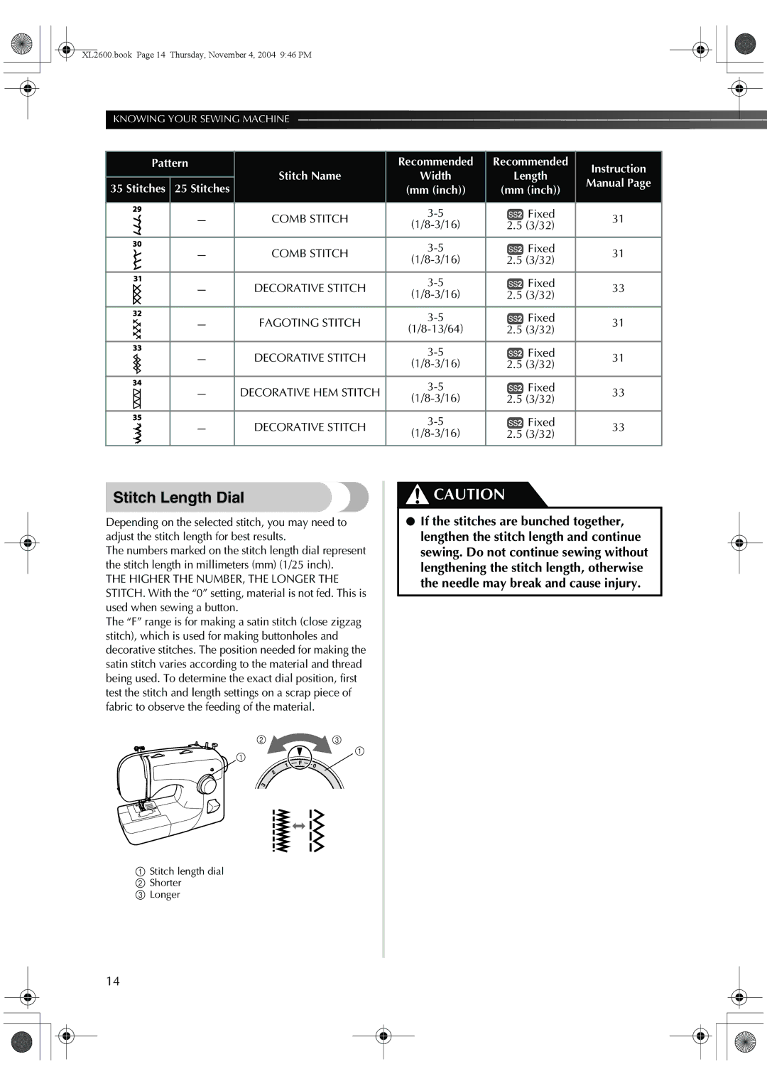 Brother XL-2620, XL-3510, XC6771-021 operation manual Stitch Length Dial 