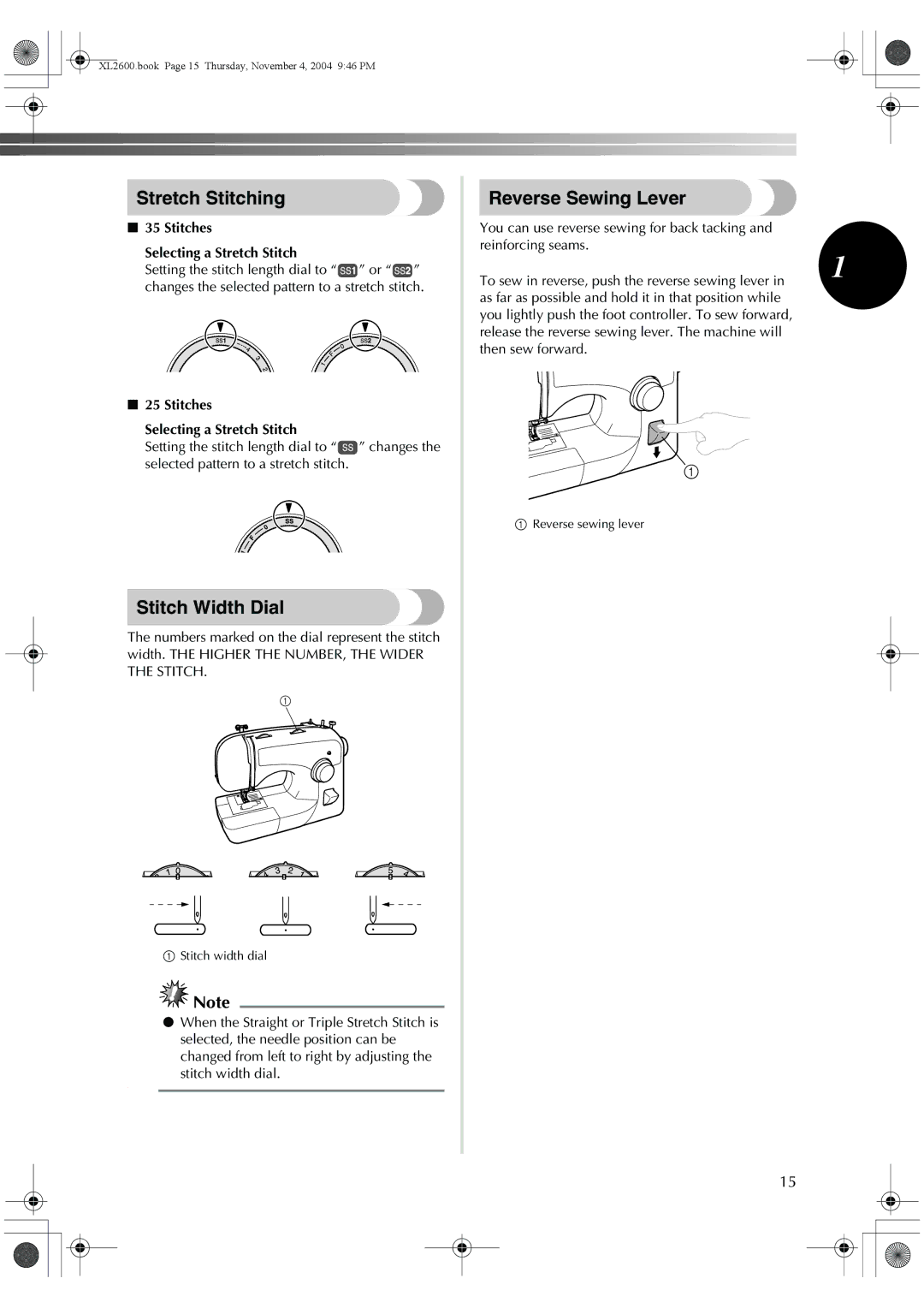 Brother XC6771-021 Stretch Stitching, Stitch Width Dial, Reverse Sewing Lever, Stitches Selecting a Stretch Stitch 