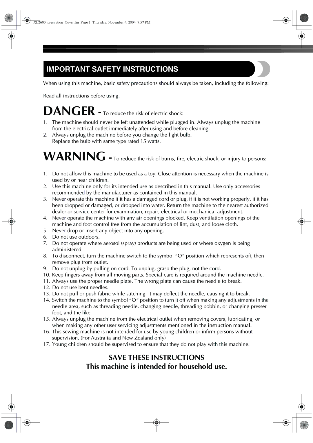 Brother XC6771-021, XL-3510, XL-2620 operation manual Important Safety Instructions 