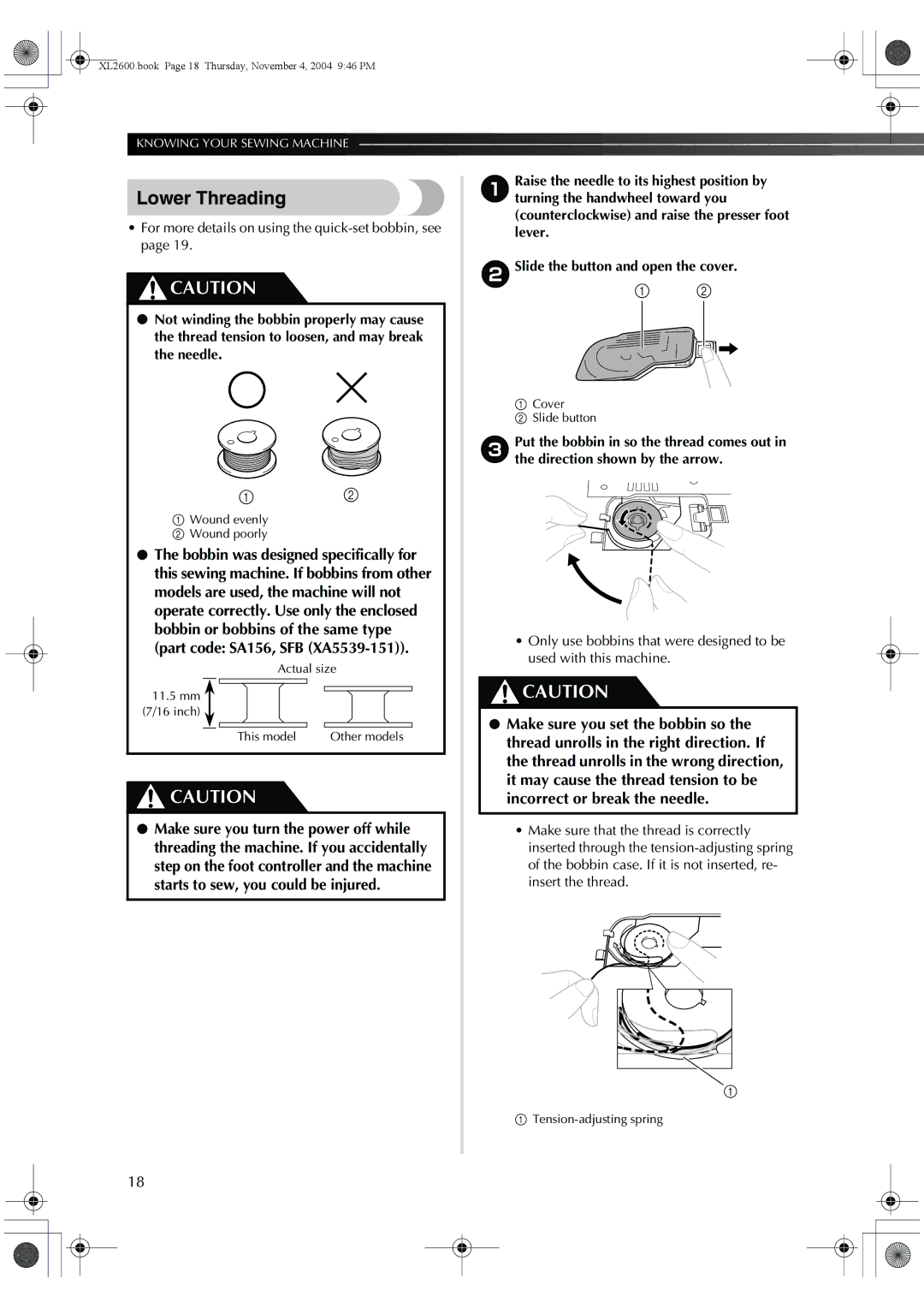 Brother XC6771-021, XL-3510, XL-2620 operation manual Lower Threading 