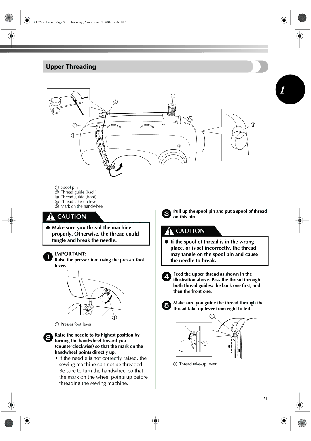 Brother XC6771-021, XL-3510, XL-2620 operation manual Upper Threading, Raise the presser foot using the presser foot lever 