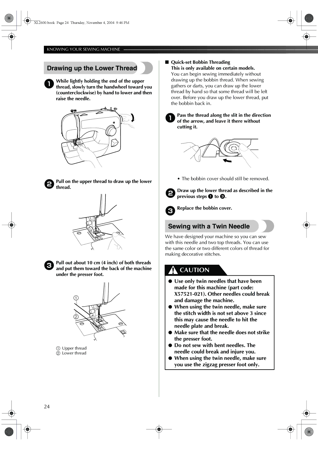 Brother XC6771-021, XL-3510, XL-2620 operation manual Drawing up the Lower Thread, Sewing with a Twin Needle 