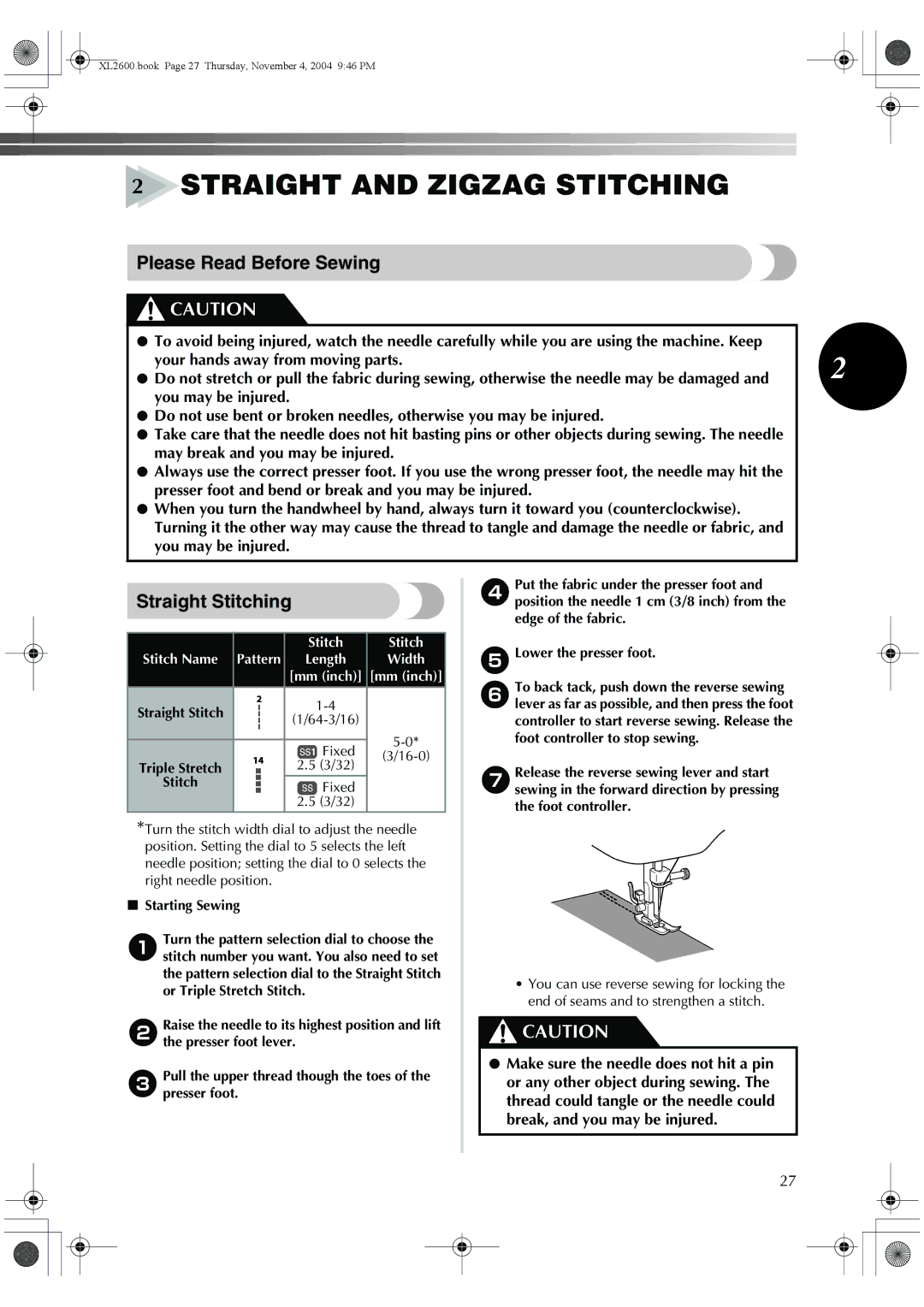 Brother XC6771-021, XL-3510, XL-2620 operation manual Please Read Before Sewing, Straight Stitching, Pattern, Fixed 16-0 