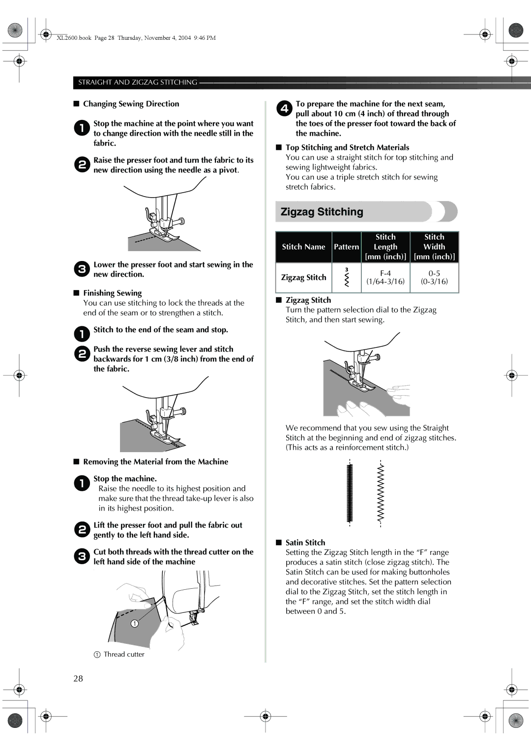 Brother XL-3510, XL-2620, XC6771-021 operation manual Zigzag Stitching, Stitch Stitch Name, Satin Stitch 