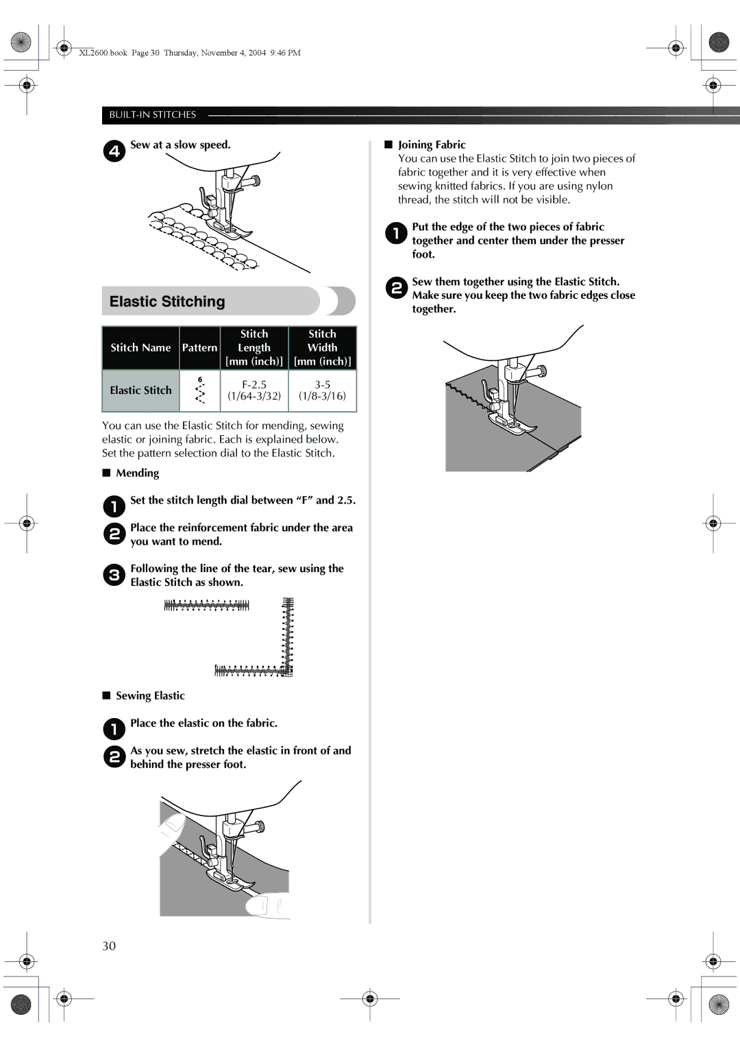 Brother XC6771-021, XL-3510, XL-2620 operation manual Elastic Stitching, 4Sew at a slow speed 