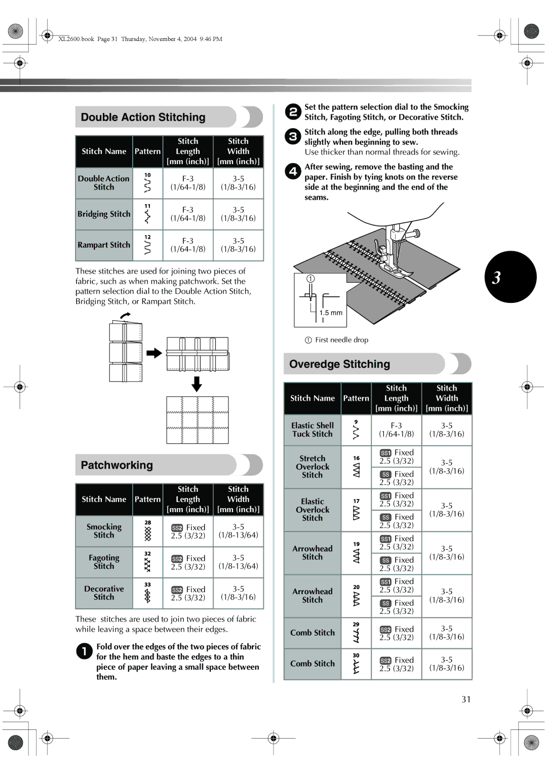 Brother XL-3510, XL-2620, XC6771-021 operation manual Double Action Stitching, Patchworking, Overedge Stitching 