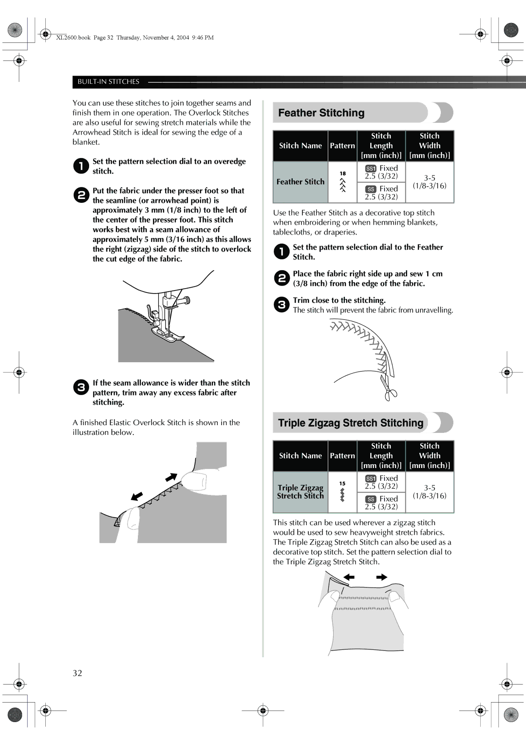 Brother XL-2620, XL-3510, XC6771-021 operation manual Feather Stitching, Triple Zigzag Stretch Stitching 