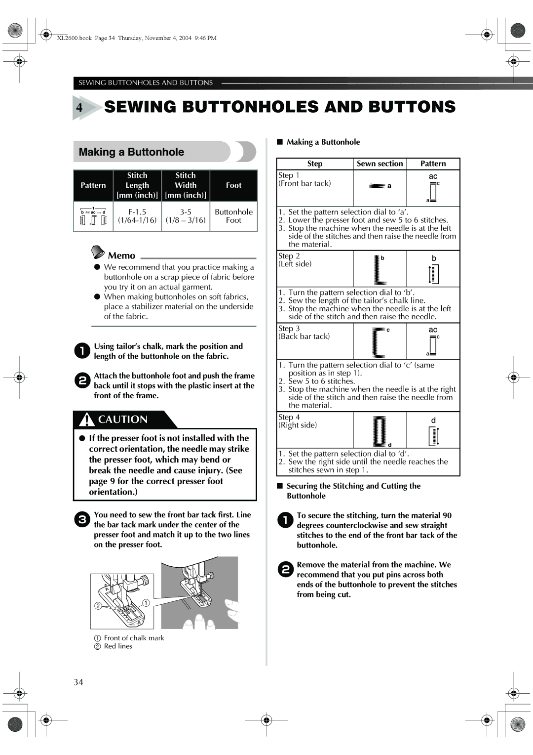 Brother XL-3510, XL-2620, XC6771-021 operation manual Making a Buttonhole, Stitch Pattern 