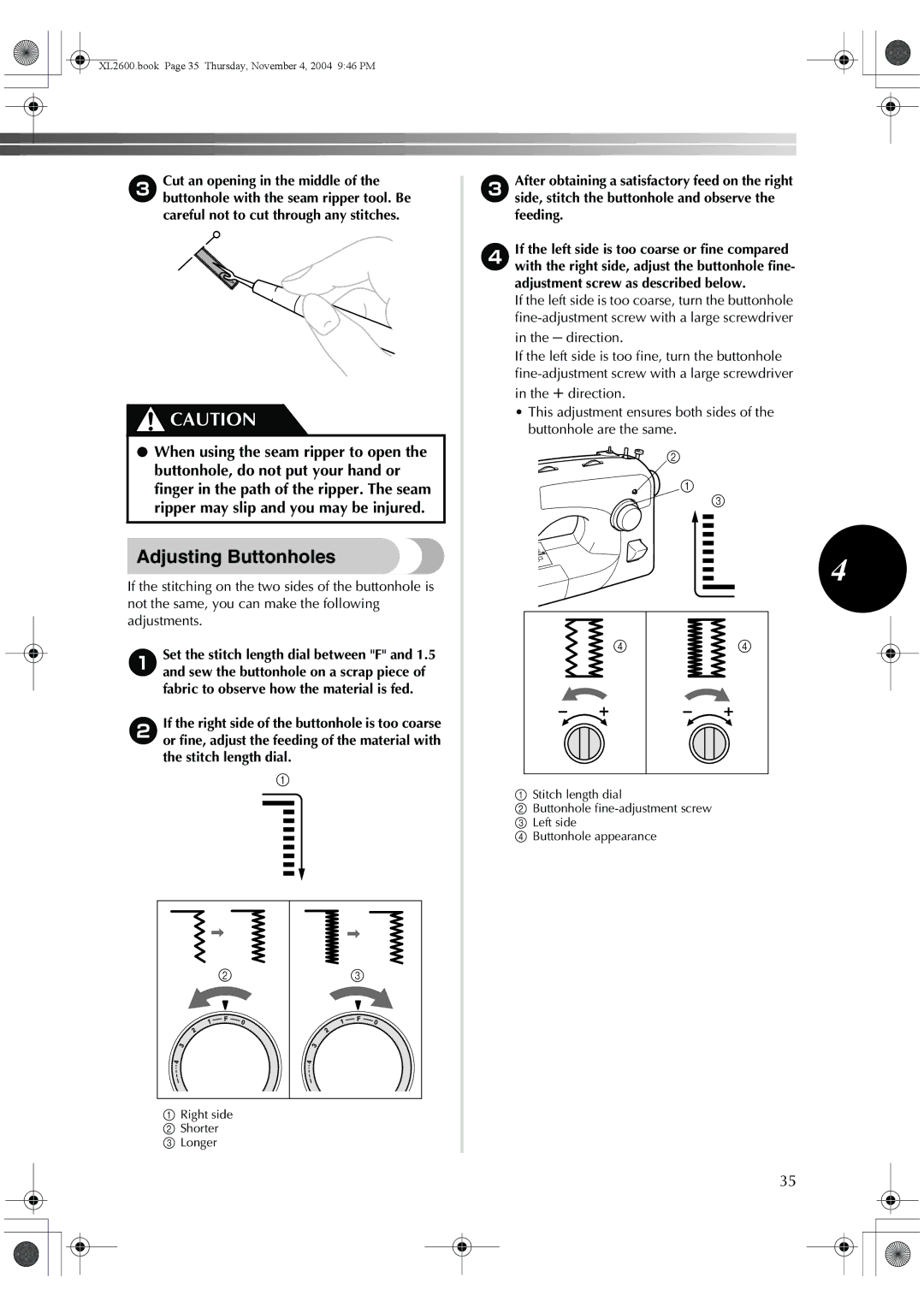 Brother XL-2620, XL-3510, XC6771-021 operation manual Adjusting Buttonholes 