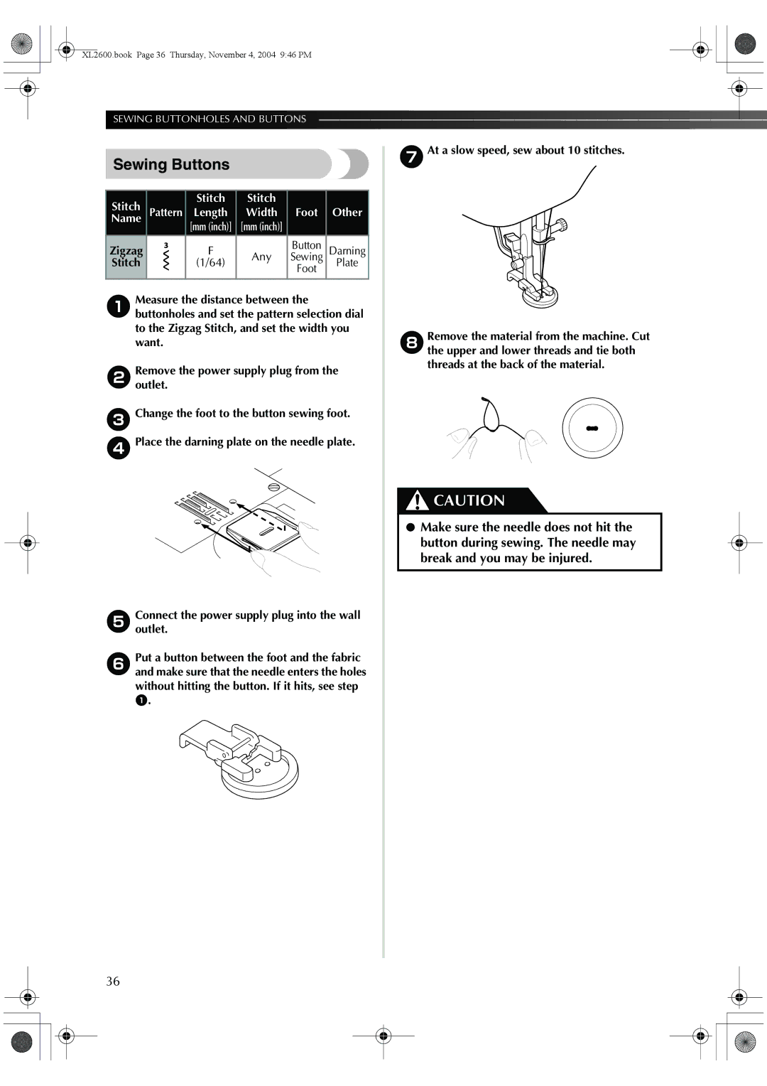 Brother XC6771-021, XL-3510, XL-2620 operation manual Sewing Buttons, Stitch 