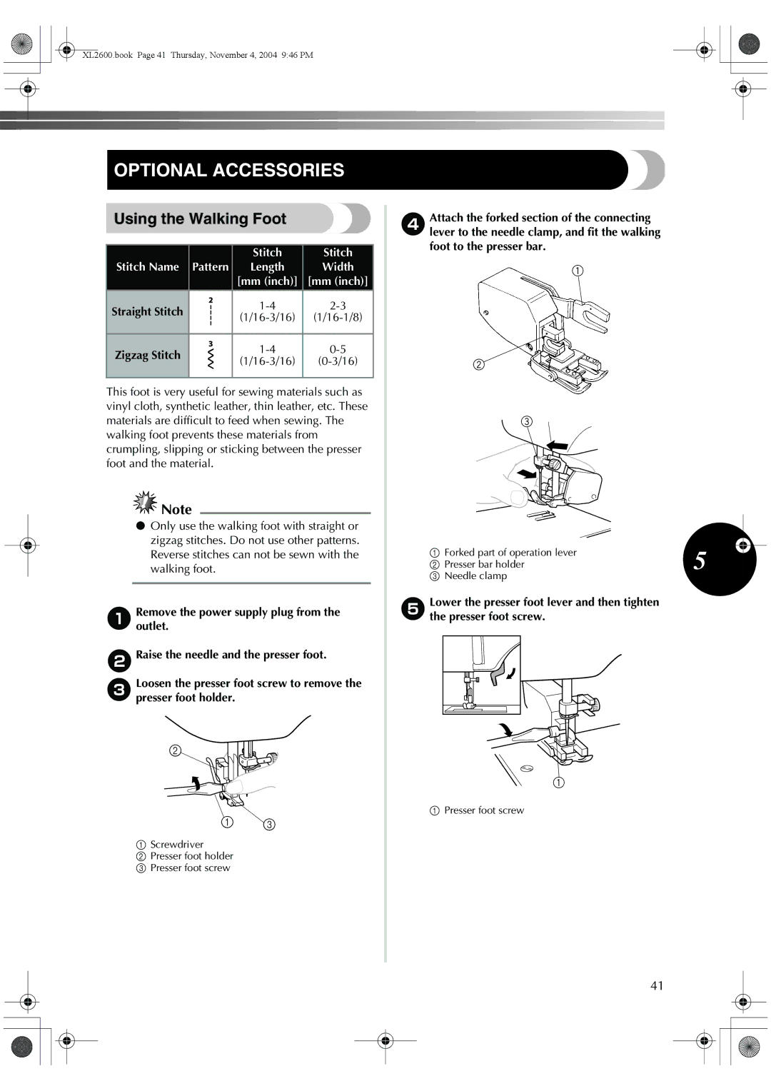 Brother XL-2620, XL-3510, XC6771-021 operation manual Optional Accessories, Using the Walking Foot 