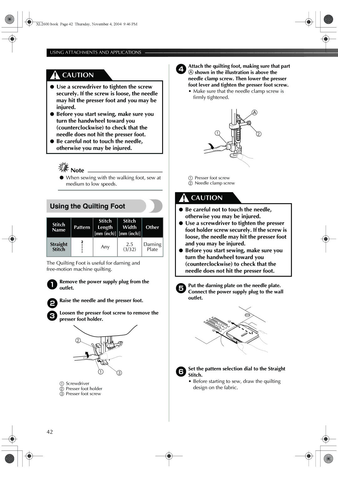 Brother XC6771-021, XL-3510, XL-2620 operation manual Using the Quilting Foot, Stitch Plate 