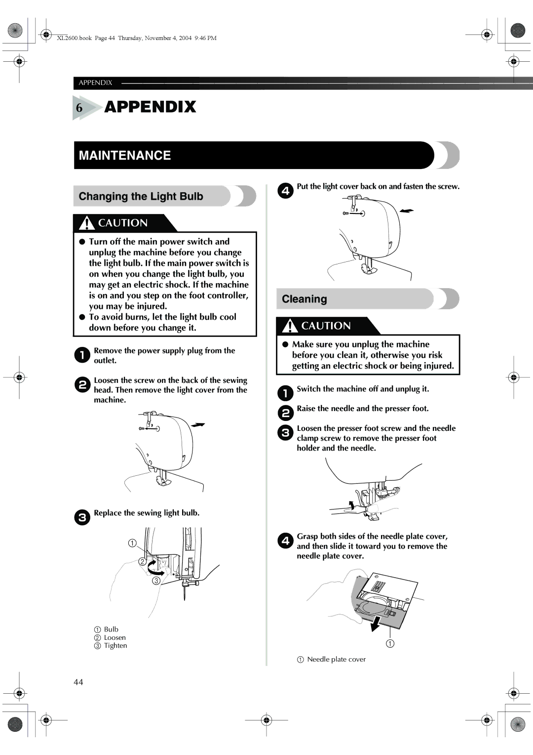 Brother XL-2620, XL-3510 Maintenance, Changing the Light Bulb, Cleaning, Put the light cover back on and fasten the screw 