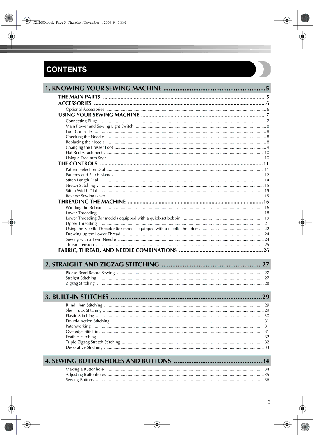 Brother XC6771-021, XL-3510, XL-2620 operation manual Contents 