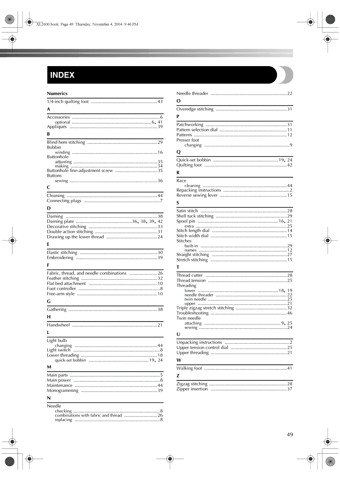 Brother XL-3510, XL-2620, XC6771-021 operation manual Index, Numerics 