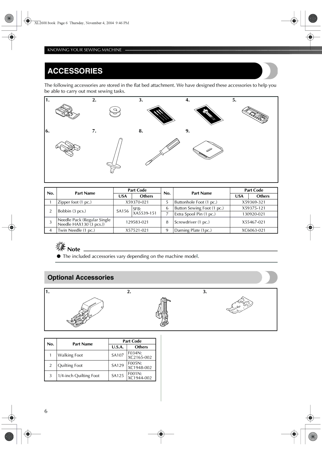 Brother XC6771-021, XL-3510, XL-2620 operation manual Optional Accessories 