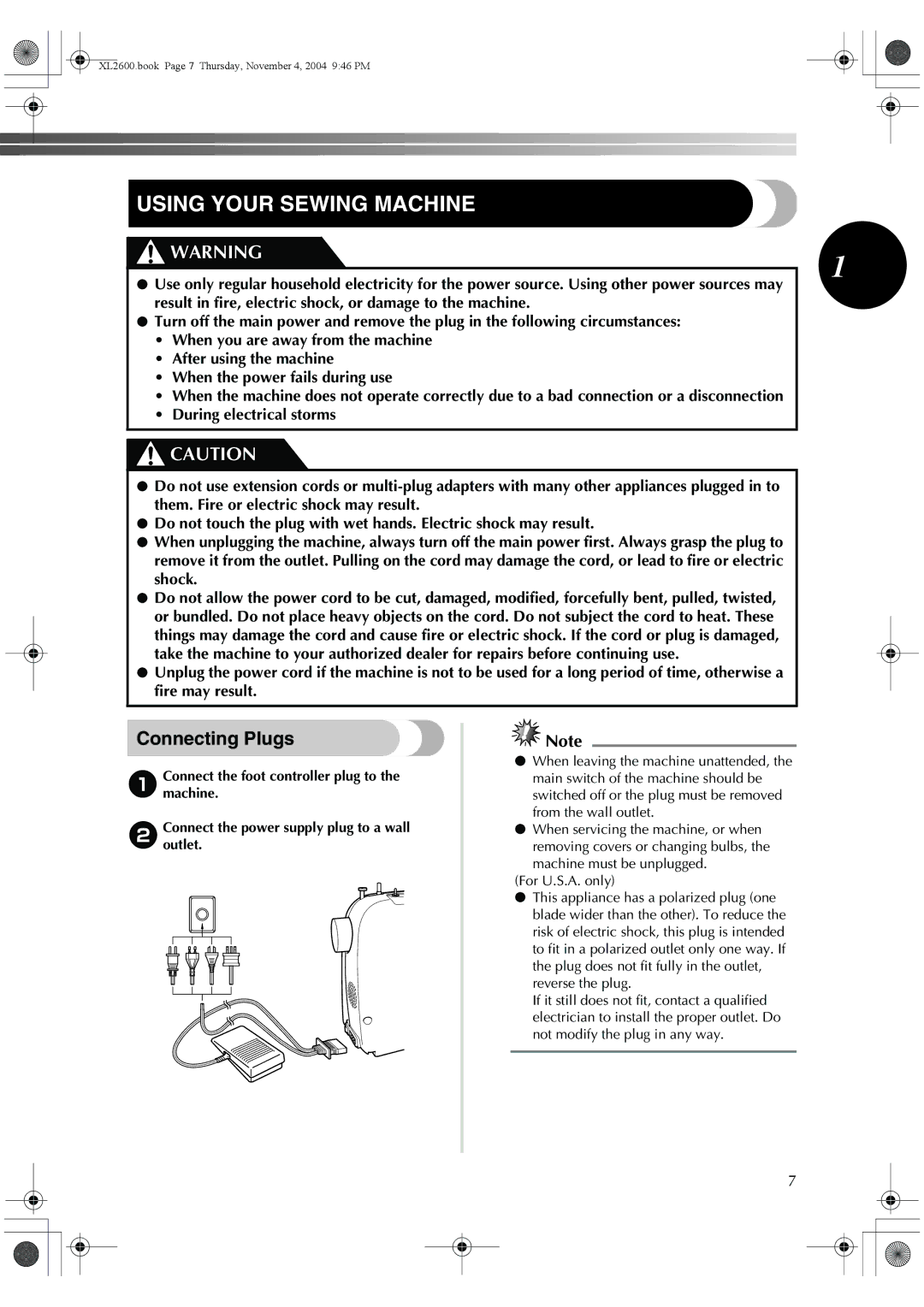 Brother XL-3510, XL-2620, XC6771-021 operation manual Using Your Sewing Machine, Connecting Plugs 