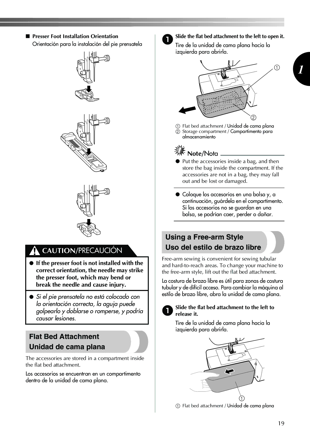 Brother LS-590, XL-3750 Flat Bed Attachment Unidad de cama plana, Using a Free-arm Style Uso del estilo de brazo libre 