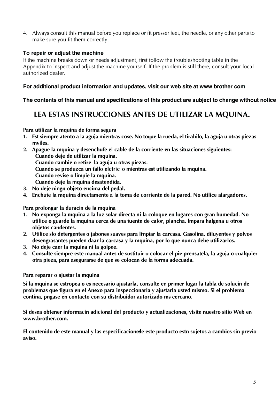 Brother XL-3750, XL-3500i, LS-590 operation manual LEA Estas Instrucciones Antes DE Utilizar LA Máquina 