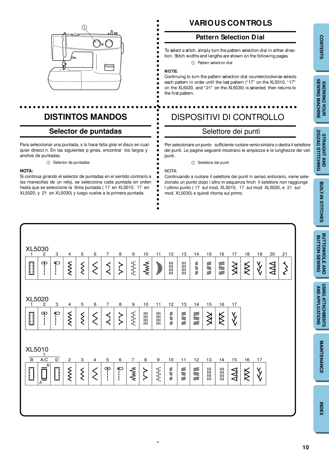 Brother XL-5032, XL-5012 Distintos Mandos, Pattern Selection Dial, Selector de puntadas, Selettore dei punti 