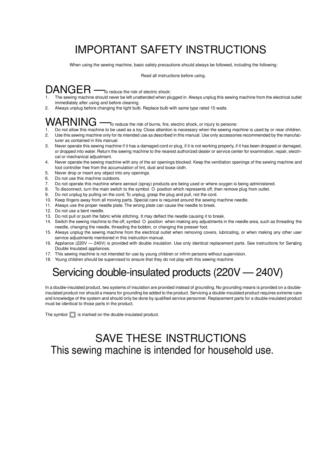 Brother XL-5032, XL-5012 instruction manual Important Safety Instructions 