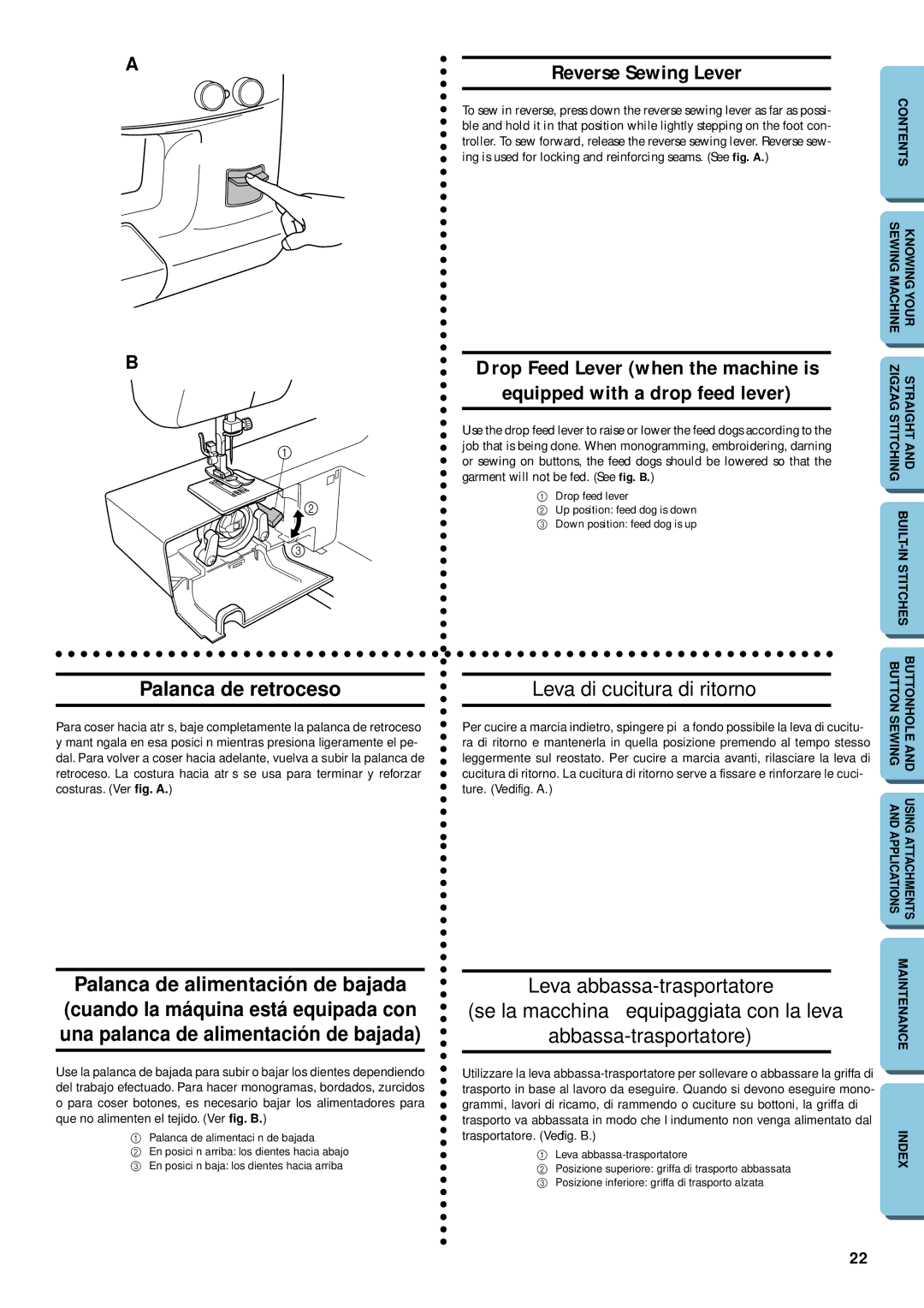 Brother XL-5032, XL-5012 instruction manual Palanca de retroceso, Leva di cucitura di ritorno 