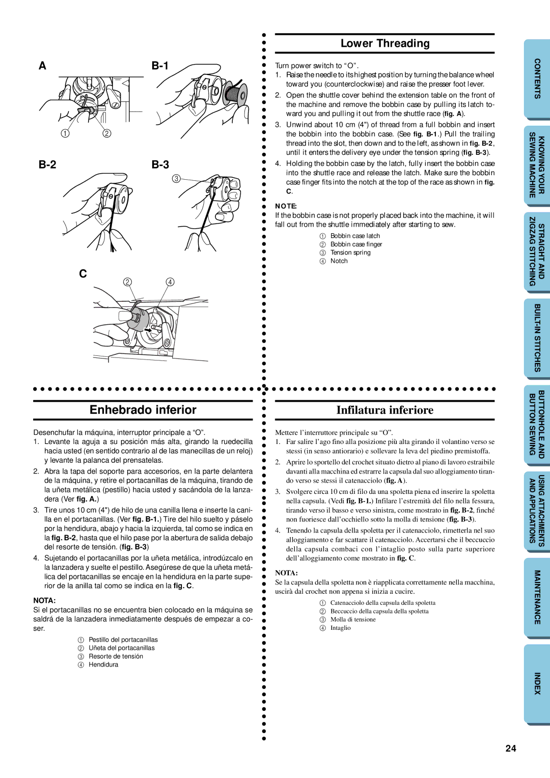 Brother XL-5032, XL-5012 instruction manual Lower Threading, Enhebrado inferior, Infilatura inferiore 