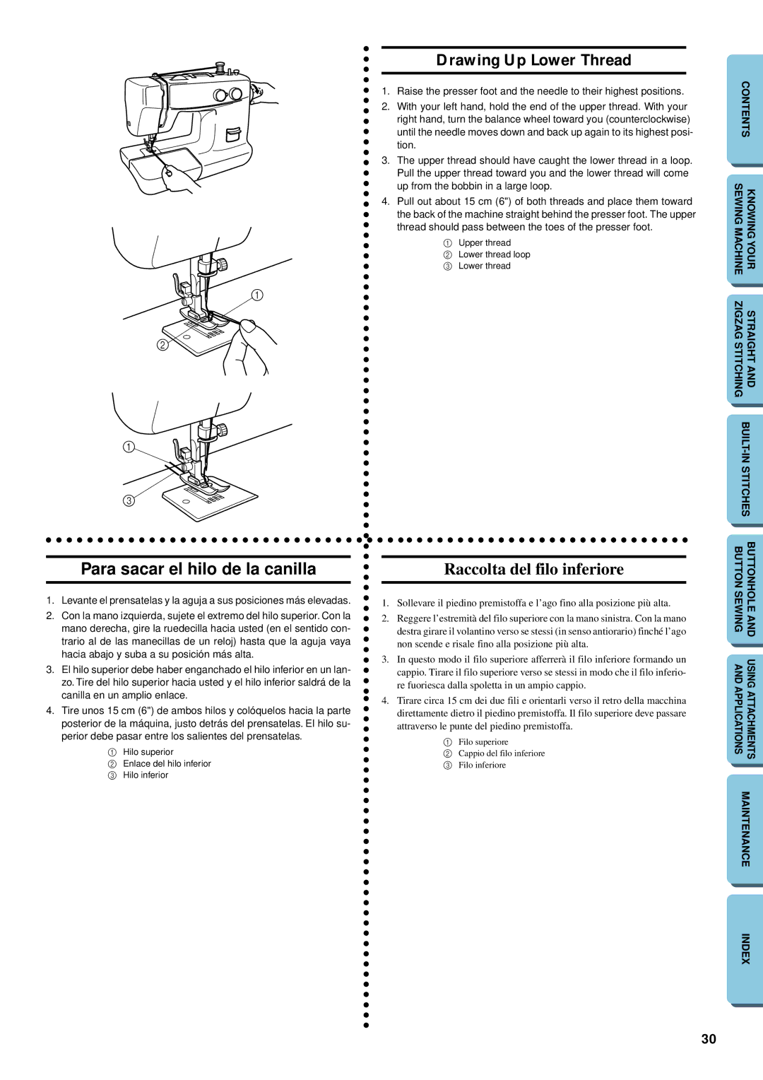 Brother XL-5032, XL-5012 Drawing Up Lower Thread, Para sacar el hilo de la canilla, Raccolta del filo inferiore 