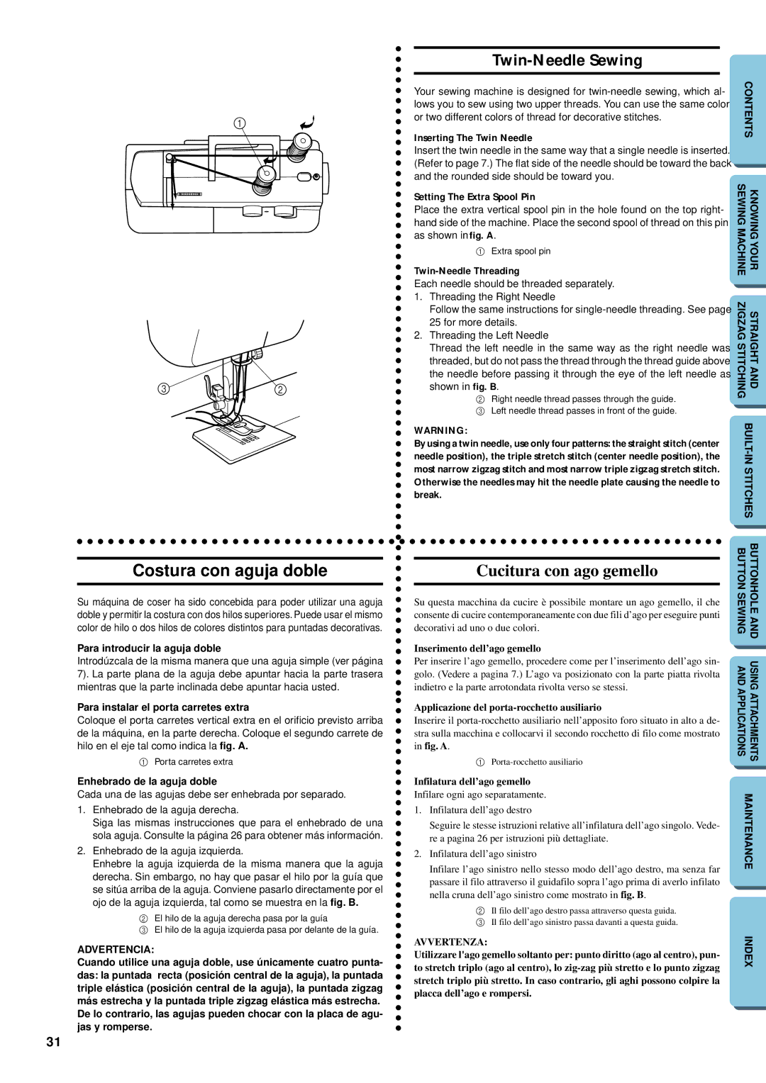 Brother XL-5012, XL-5032 instruction manual Costura con aguja doble, Twin-Needle Sewing, Cucitura con ago gemello 