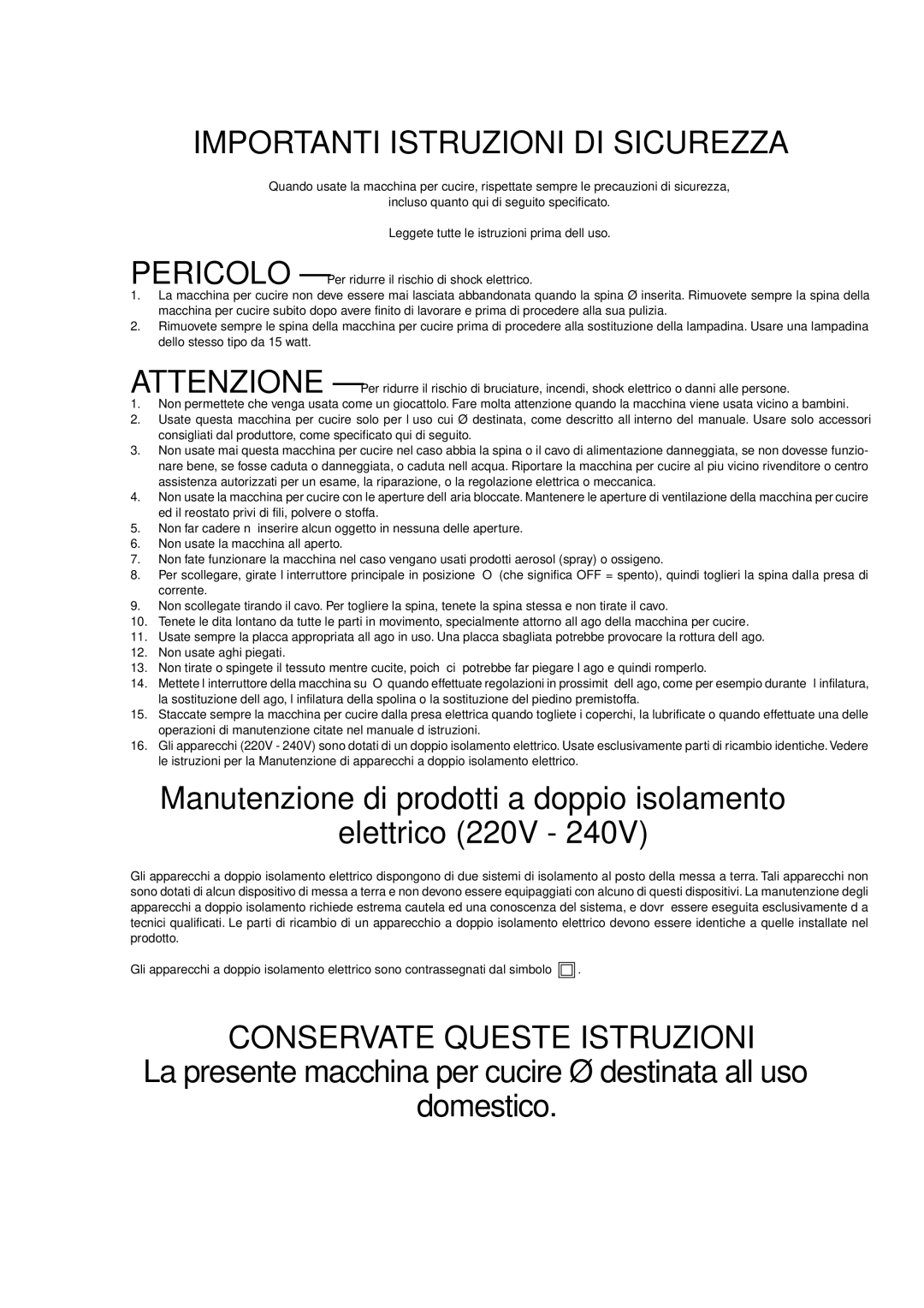 Brother XL-5032, XL-5012 instruction manual Importanti Istruzioni DI Sicurezza 