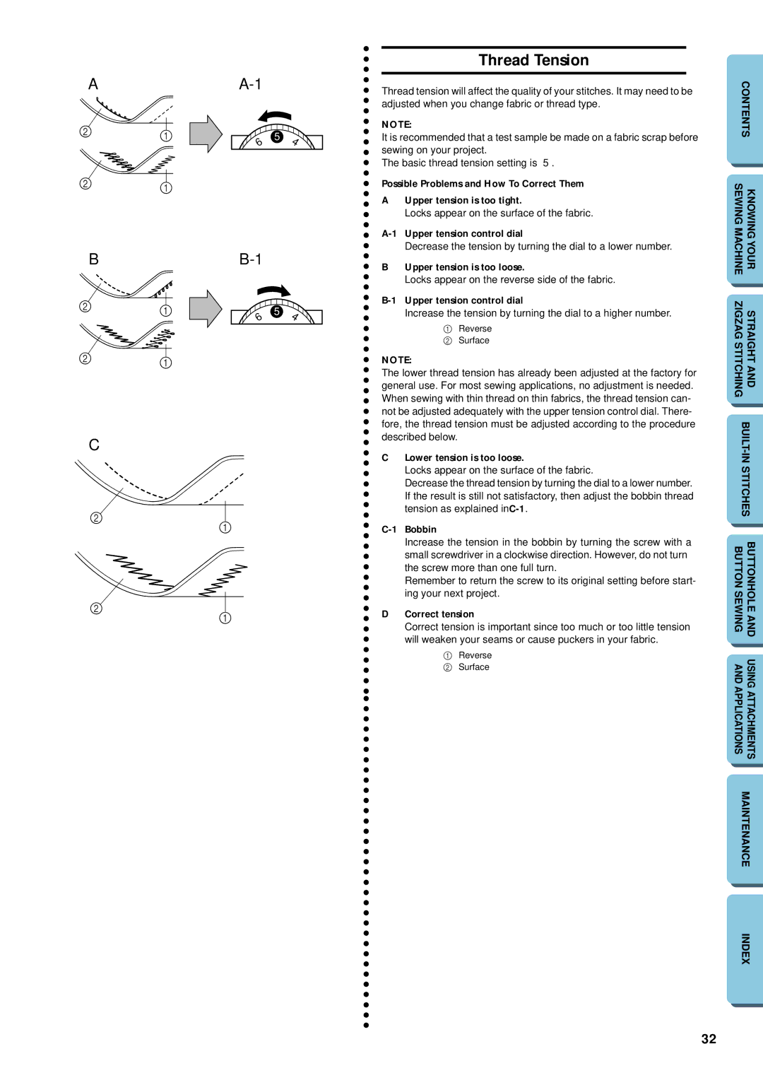 Brother XL-5032, XL-5012 Thread Tension, Upper tension is too loose, Lower tension is too loose, Bobbin, Correct tension 