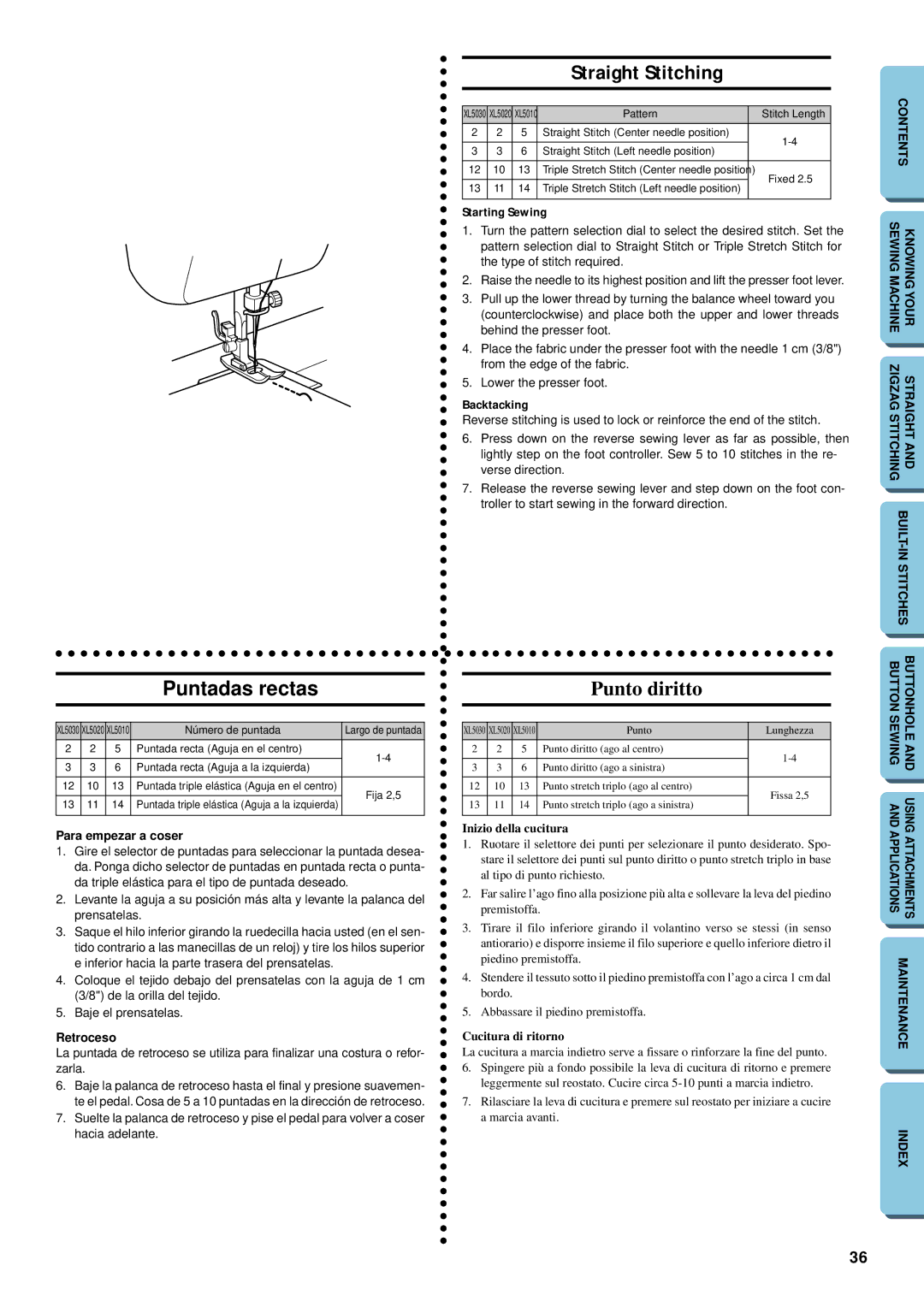 Brother XL-5032, XL-5012 Puntadas rectas, Straight Stitching, Punto diritto, Para empezar a coser, Retroceso 