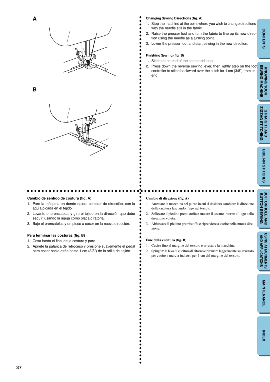 Brother XL-5012 Cambio de sentido de costura fig. a, Para terminar las costuras fig. B, Changing Sewing Directions fig. a 