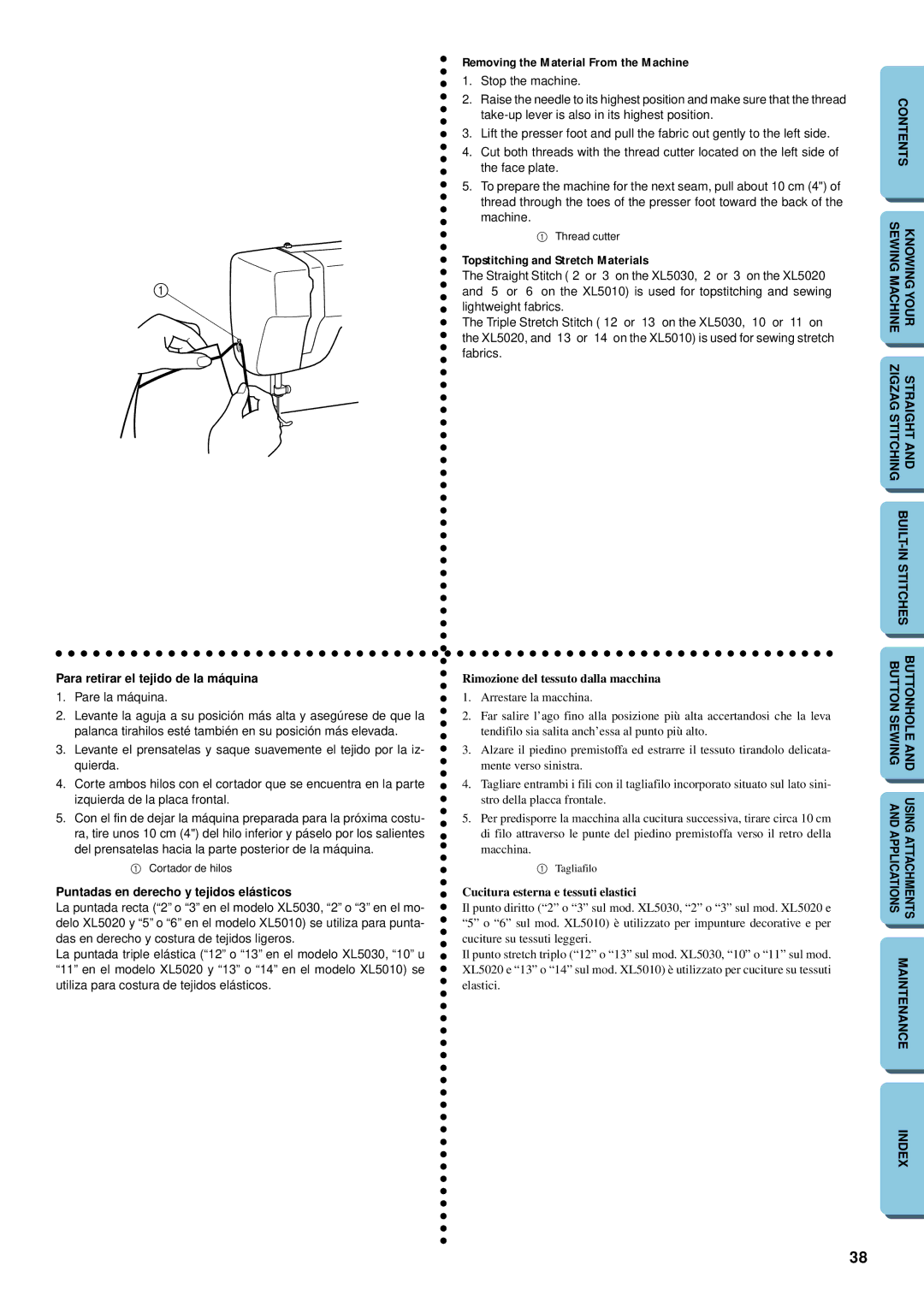 Brother XL-5032, XL-5012 instruction manual Para retirar el tejido de la máquina, Puntadas en derecho y tejidos elásticos 