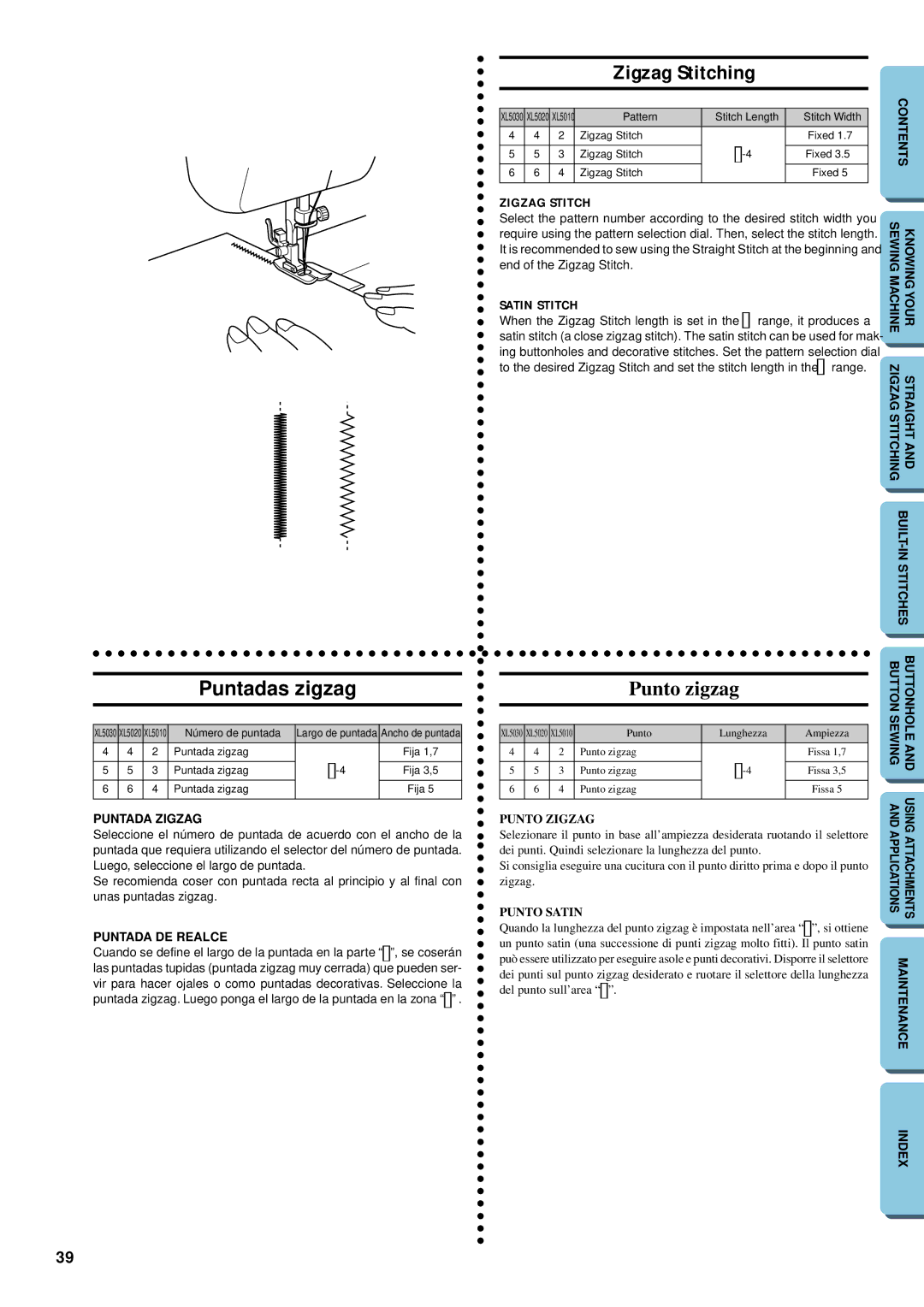 Brother XL-5012, XL-5032 instruction manual Puntadas zigzag, Zigzag Stitching, Punto zigzag 