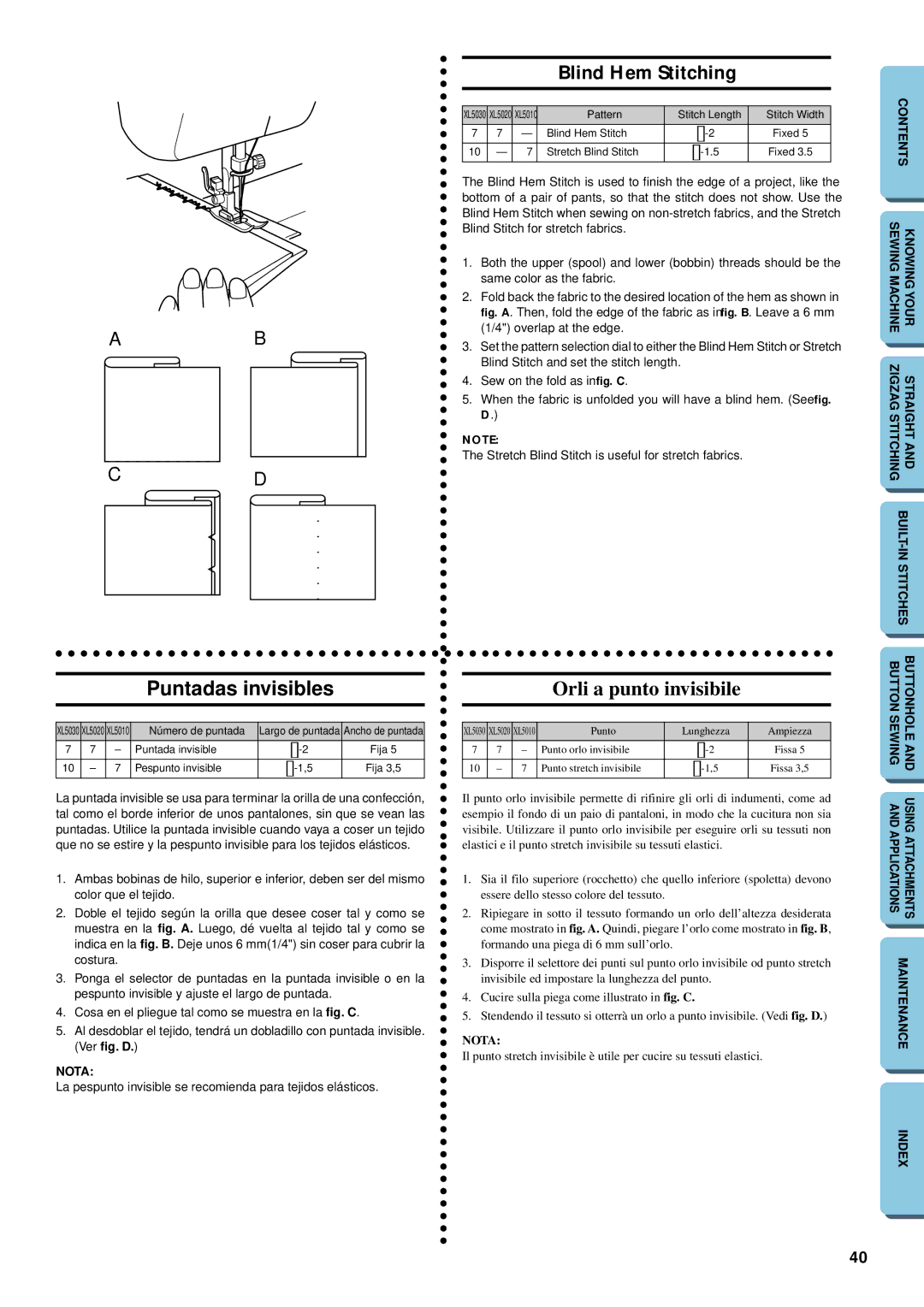 Brother XL-5032, XL-5012 instruction manual Blind Hem Stitching, Puntadas invisibles, Orli a punto invisibile 