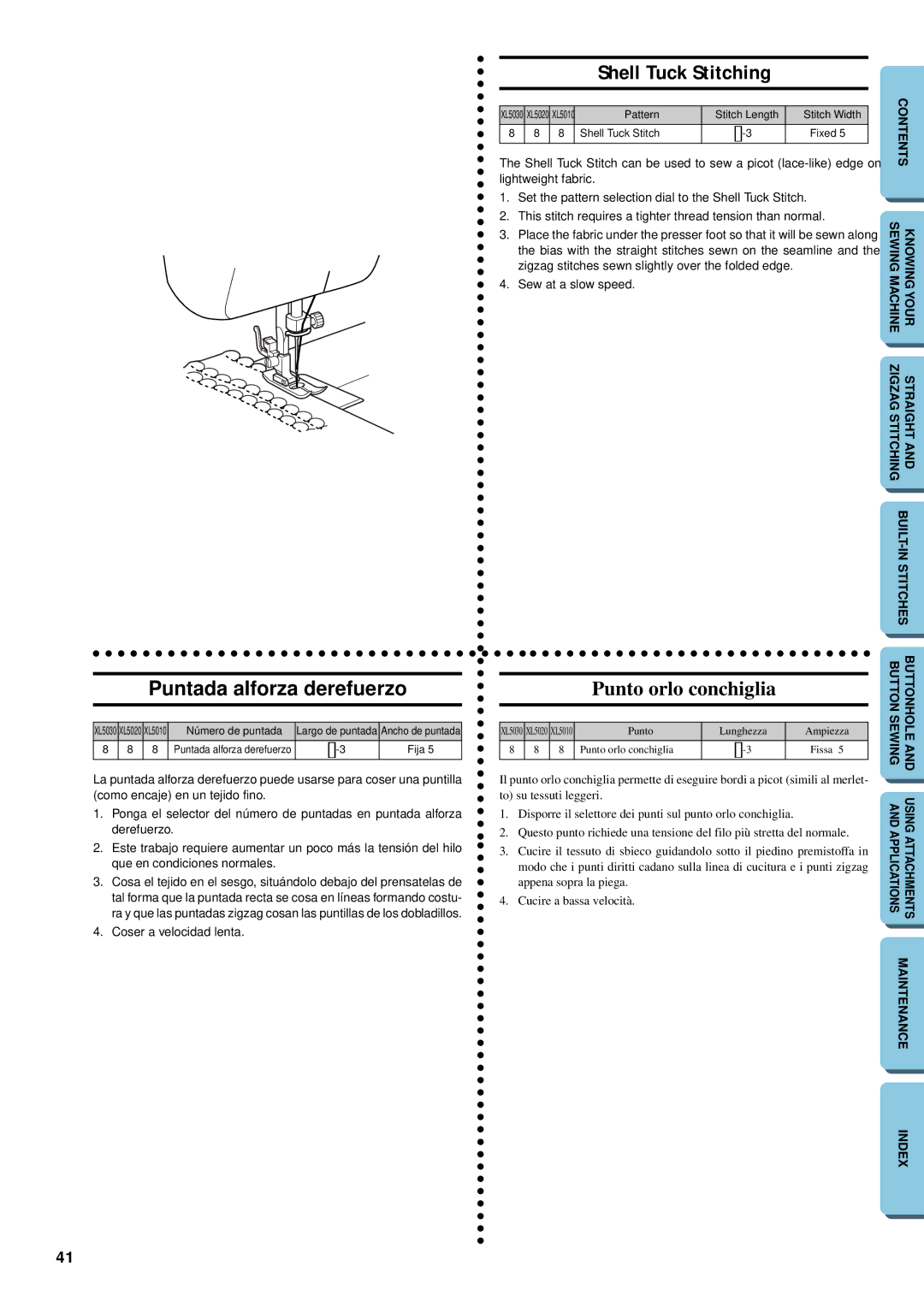 Brother XL-5012, XL-5032 instruction manual Puntada alforza derefuerzo, Shell Tuck Stitching, Punto orlo conchiglia 