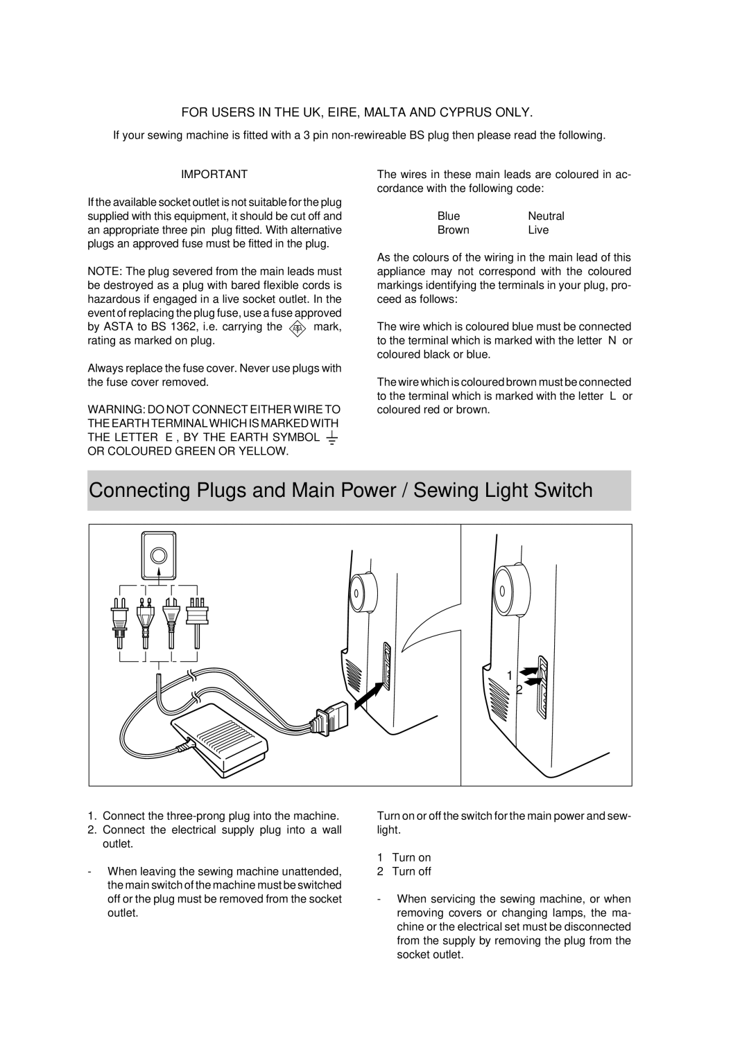 Brother XL-5012, XL-5032 instruction manual Connecting Plugs and Main Power / Sewing Light Switch 