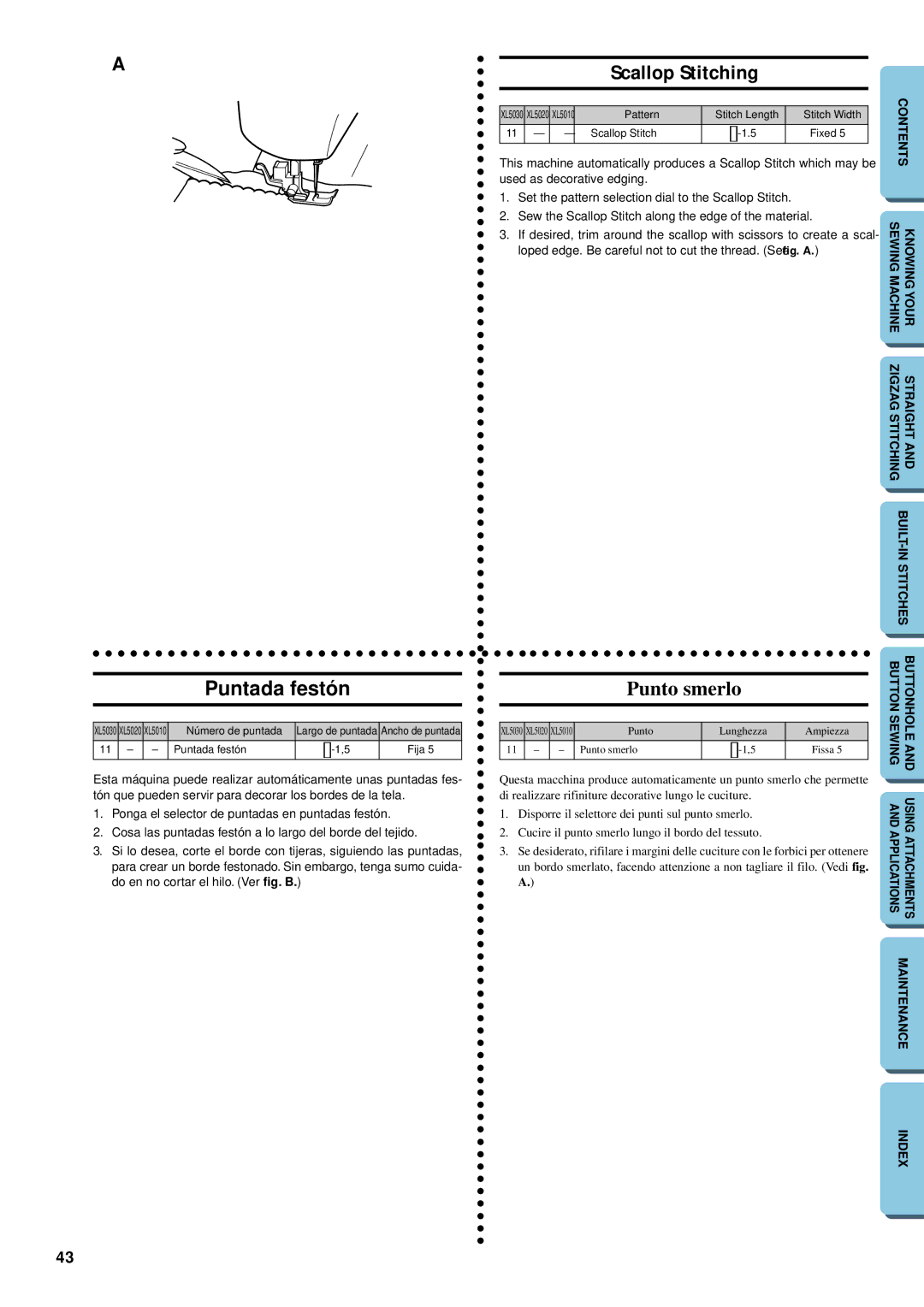 Brother XL-5012, XL-5032 instruction manual Puntada festón, Scallop Stitching, Punto smerlo 