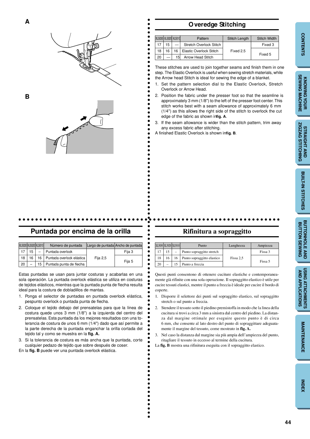 Brother XL-5032, XL-5012 instruction manual Puntada por encima de la orilla, Overedge Stitching, Rifinitura a sopraggitto 