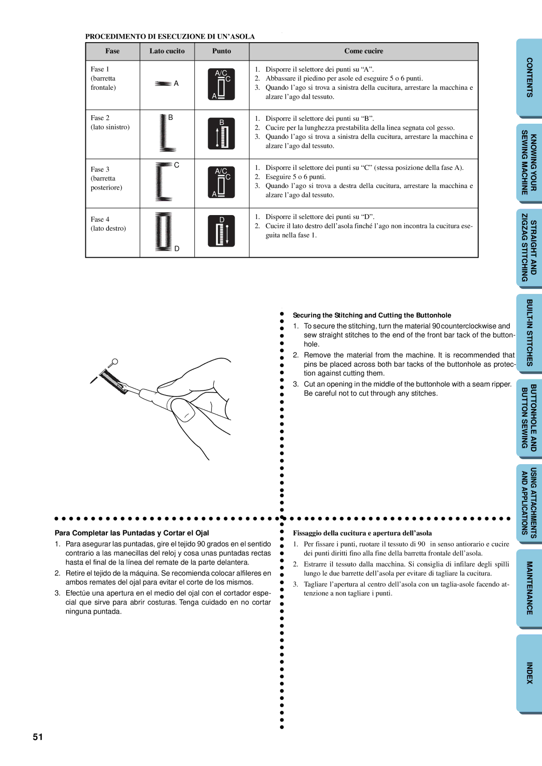 Brother XL-5012, XL-5032 Fase Lato cucito Punto Come cucire, Securing the Stitching and Cutting the Buttonhole 